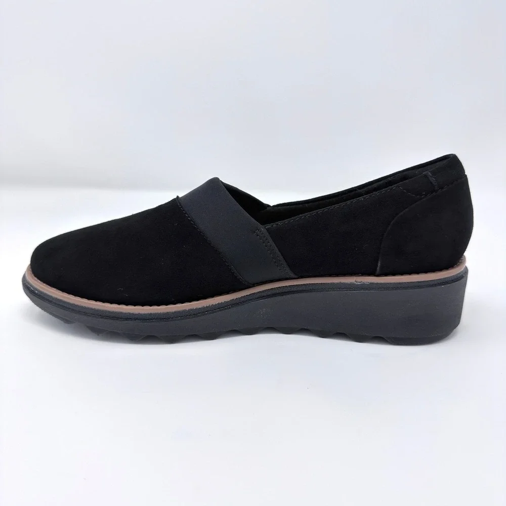 Clarks Sharon Pump Black Suede Wedge Loafers Womens 5.5M Slip On Shoes
